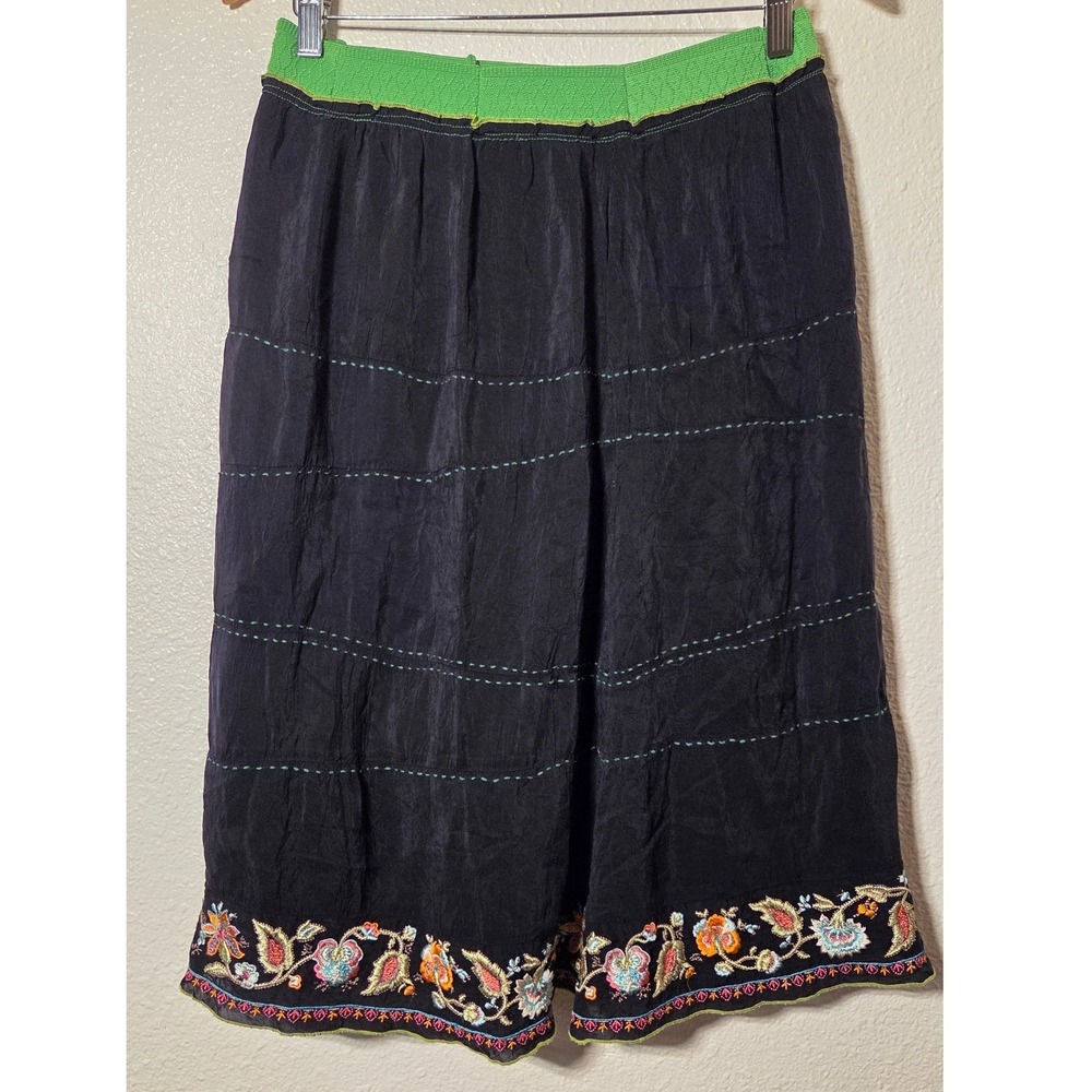 Johnny Was Embroidered Floral Rayon Skirt Black Boho Stretch Waist Small Y2K